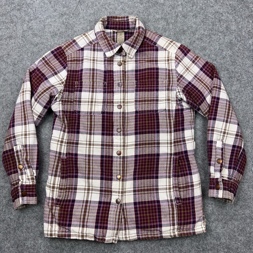 Duluth Shacket Womens XS Maroon Plaid Flapjack Flannel‎ Shirt Jac Quilted Lined - Picture 2 of 16